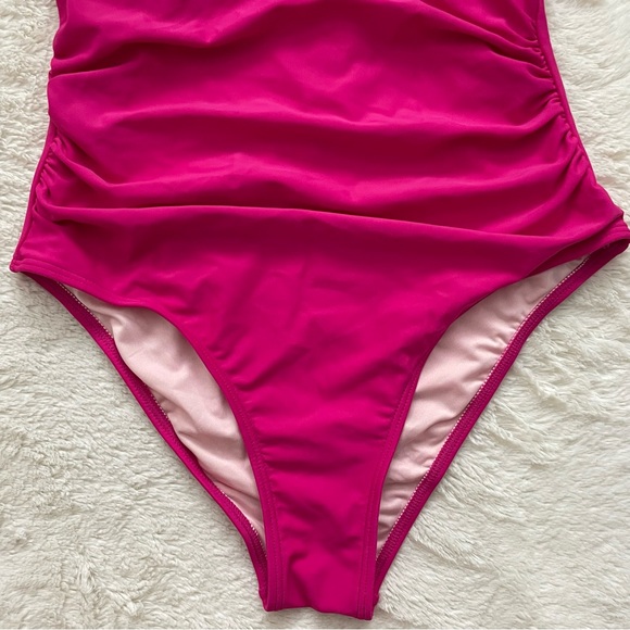 NWT CUPSHE Women’s Deep V-Neck Ruffled Lace Up One Piece Swimsuit Hot Pink Small - Picture 5 of 13